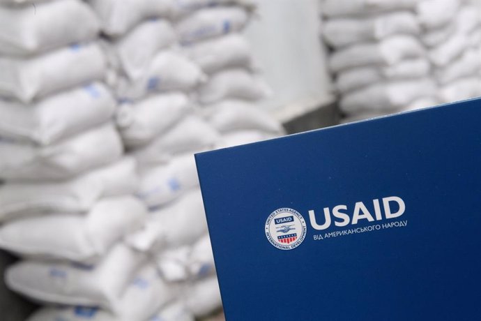 February 6, 2025, Kyiv, Ukraine: KYIV, UKRAINE - FEBRUARY 6, 2025 - The United States Agency for International Development (USAID) logo is in front of sandbags in Kyiv, capital of Ukraine.