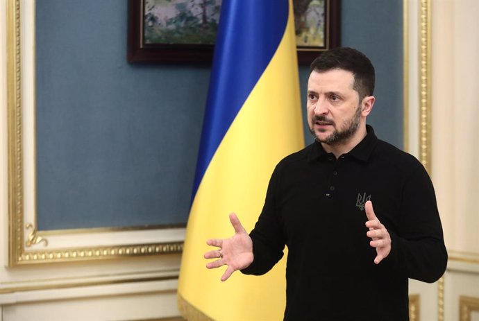 February 5, 2025, Kyiv, Ukraine: KYIV, UKRAINE - FEBRUARY 5, 2024 - President of Ukraine Volodymyr Zelenskyy speaks during the briefing following his meeting with British Secretary of State for Foreign, Commonwealth and Development Affairs David Lammy, Ky