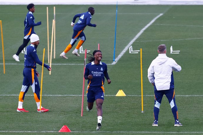 Eduardo Camavinga of Real Madrid warms up during the training day of Real Madrid ahead the Spanish League, LaLiga EA Sports, football match against Atletico de Madrid at Ciudad Deportiva Real Madrid on February 7, 2025, in Valdebebas, Madrid, Spain.