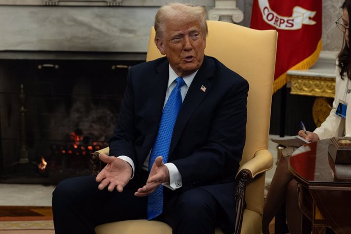 February 7, 2025, Washington, District Of Columbia, USA: United States President Donald Trump responds to questions from reporters during a meeting with Japanese Prime Minister Shigeru Ishiba in the Oval Office of the White House in Washington, DC on Frid