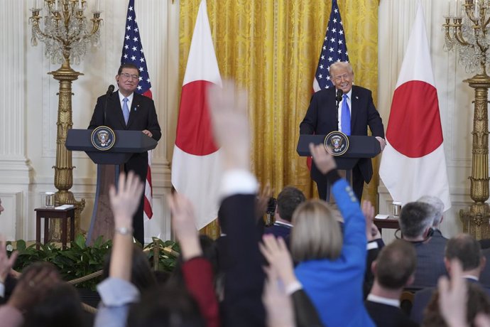 February 7, 2025, Washington, District Of Columbia, USA: United States President Donald J Trump and  Prime Minister of Japan, Shigeru Ishiba participate in a news conference at the White House in Washington, DC, February 7, 2025