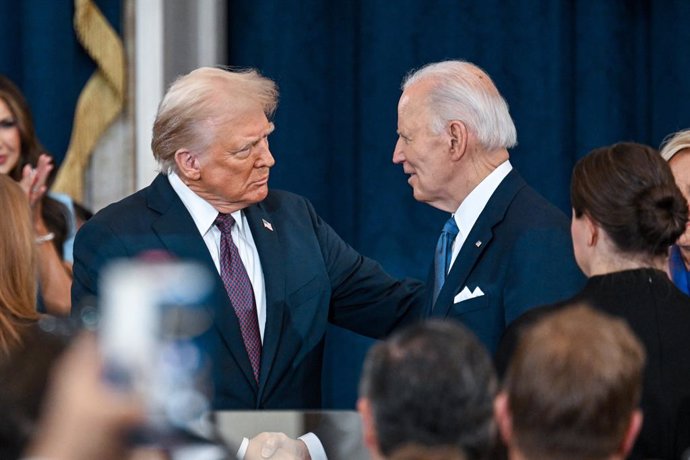 January 20, 2025, Washington, District Of Columbia, USA: President-elect Donald J. Trump  and President Joe Biden attend inauguration of Donald Trump as the 47th president of the United States takes place inside the Capitol Rotunda of the U.S. Capitol bui