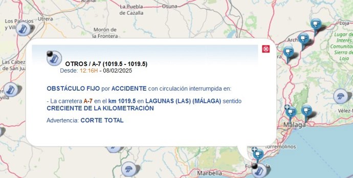 Indicación del corte de la vía A-7 debido a un accidente.