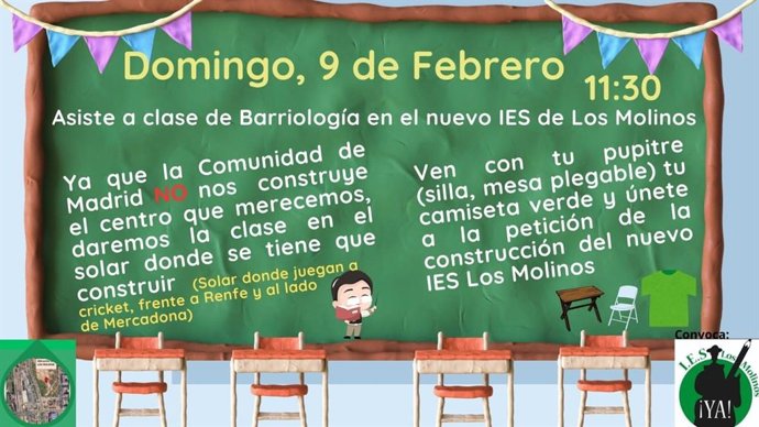 Cartel de la acción de protesta de las familias de Getafe para reclamar la construcción del IES Los Molinos