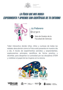 Cartel del taller 'La física que nos rodea: experimenta y aprende con científicas de tu entorno'
