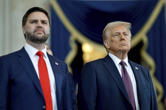 January 20, 2025, Washington, Dc, United States of America: U.S. President Donald Trump, right, stands with Vice President JD Vance, left, during the 60th Presidential Inauguration ceremony at the U.S Capitol Rotunda on Capitol Hill, January 20, 2025 in W