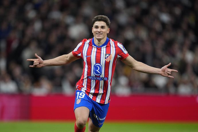 Julian Alvarez of Atletico de Madrid celebrates a goal during the Spanish League, LaLiga EA Sports, football match played between Real Madrid and Atletico de Madrid at Santiago Bernabeu stadium on February 8, 2025, in Madrid, Spain.