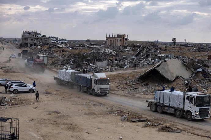 January 22, 2025, Gaza, Gaza, Palestine: Humanitarian aid trucks enter through the Kerem Shalom crossing from Egypt into the Gaza Strip, in Rafah, Wednesday, January 22, 2025, days after the ceasefire agreement between Israel and Hamas entered into force.