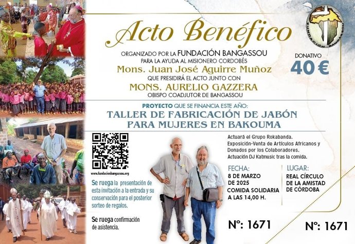 Cartel de la comida solidaria de la Fundación Bangassou el día 8 de marzo en el Real Círculo de la Amistad de Córdoba.