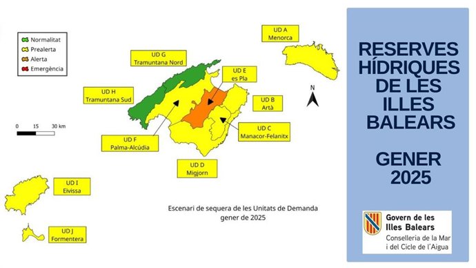 Mapa de las reservas hídricas de Baleares en enero de 2025