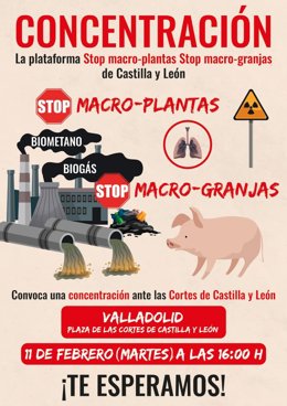 Cartel de la plataforma 'Stop macro-plantas Stop macro-granjas' sobre la concentración del martes en las Cortes