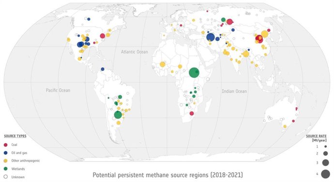 Posibles regiones de fuentes persistentes de metano (2018-2021)