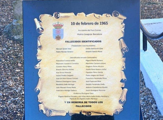 Placa colocada por el Ayuntamiento de Grisén en memoria de los fallecidos en el incendio del tren correo, en 1965.