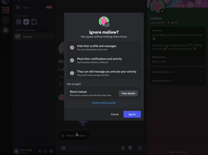Opción de ignorar a una persona