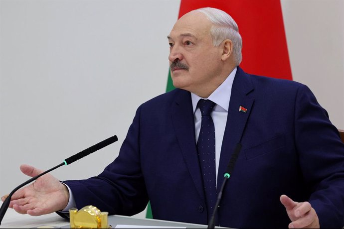 HANDOUT - 26 January 2025, Belarus, Minsk: Belarus' President Alexander Lukashenko speaks at a press conference after casting his vote in the Belarusian presidential election. Photo: -/Belarusian Presidency/dpa - ATTENTION: editorial use only and only if 