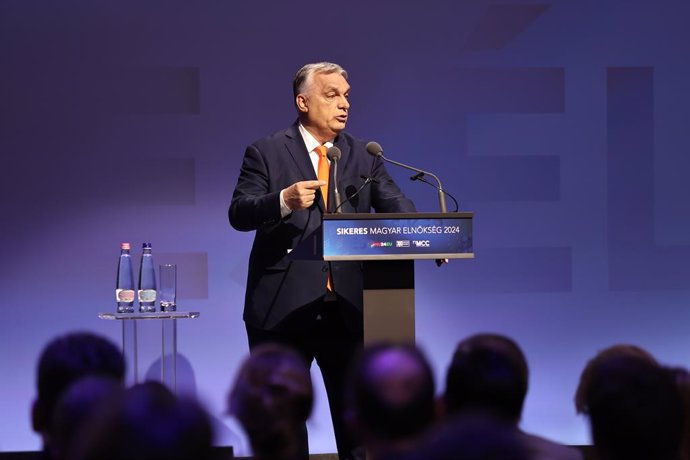 BUDAPEST, Jan. 20, 2025  -- Hungarian Prime Minister Viktor Orban speaks during a conference reviewing Hungary's European Union presidency in Budapest, Hungary, on Jan. 20, 2025. Orban on Monday urged the European Union (EU) to adapt to global challenges 