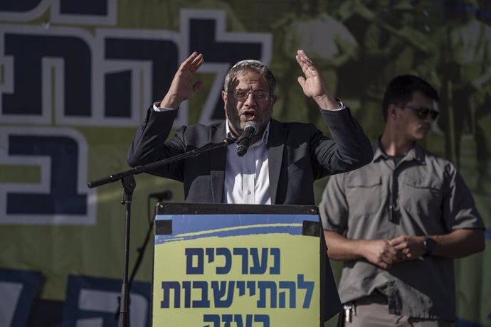 Archivo - 21 October 2024, Israel, Be'eri: Israeli National Security Minister and far-right politician Itamar Ben-Gvir, delivers a speech during a Sukkoth gathering near the Gaza Strip, where far-right activists and members of the Israeli Knesset are hold