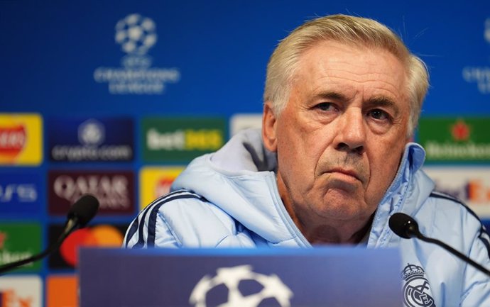 10 February 2025, United Kingdom, Manchester: Real Madrid manager Carlo Ancelotti attends a press conference at the Etihad Stadium, ahead of Tuesday's UEFA Champions League soccer match against Manchester City. Photo: Martin Rickett/PA Wire/dpa