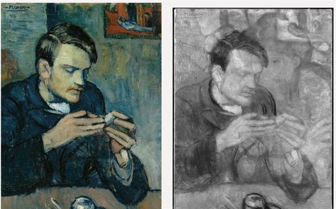 A la izquierda el cuadro original del Retrato de Mateu Fernández de Soto (1901); a la derecha la imagen infrarroja del mismo.