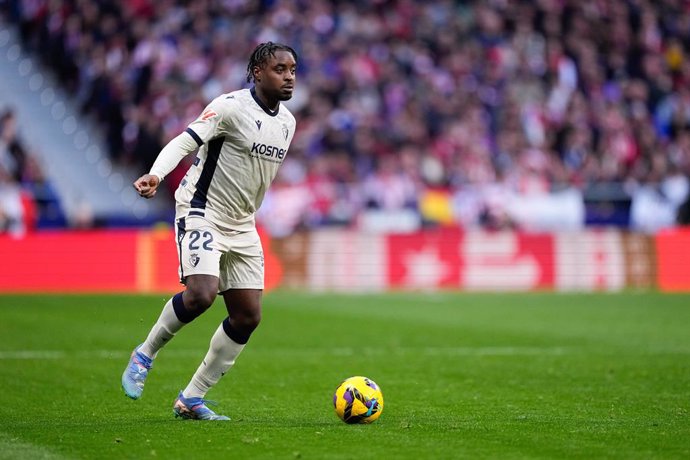 Enzo Boyomo of CA Osasuna in action during the Spanish League, LaLiga EA Sports, football match played between Atletico de Madrid and CA Osasuna at Riyadh Air Metropolitano stadium on January 12, 2025, in Madrid, Spain.