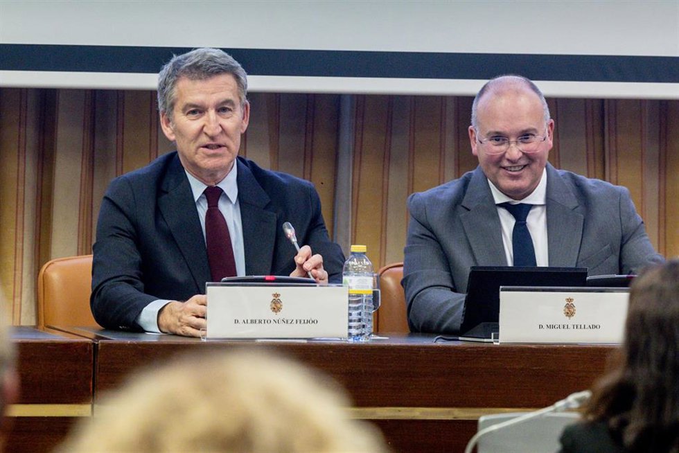 El presidente del Partido Popular, Alberto Núñez Feijóo,  y el portavoz del PP en el Congreso, Miguel Tellado.