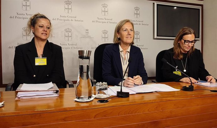 La diputada del PP Pilar Fernández Pardo, acompañada por la presidenta de la Asociación por los Derechos de Personas con Autismo, Soraya García, y la vocal de la entidad, Anabella Gutiérrez.