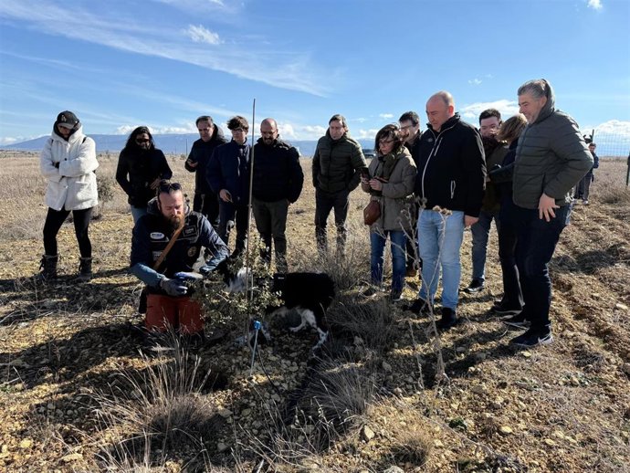 El presidente de la Diputación (segundo, dcha), Miguel Ángel de Vicente, ve trabajar a un perro trufero, con el grupo de hosteleros de La provincia
