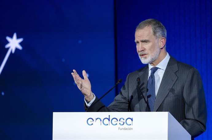 El Rey Felipe VI interviene durante la clausura de la celebración del XXV aniversario de la Cátedra Príncipe de Asturias de la Fundación Endesa