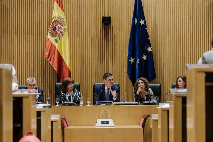 (I-D) El secretario de Organización del PSOE, Santos Cerdán; la presidenta del PSOE, Cristina Narbona; el presidente del Gobierno y secretario general del PSOE, Pedro Sánchez; la vicesecretaria general del PSOE y vicepresidenta primera del Gobierno y mini