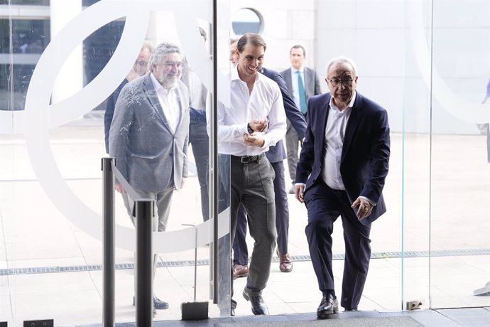 Jose Manuel Rodriguez Uribes, President of Superior Sports Council CSD, Rafael Nadal and Alejandro Blanco, President of the Spanish Olympic Committee COE, during a tribute of Rafael Nadal celebrated at COE headquarters on February 11, 2025, in Madrid, Spa