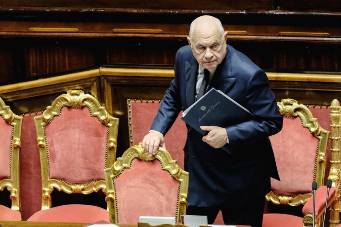 O ministro da Justiça, Carlo Nordio, por ocasião do briefing dos ministros do Interior e da Justiça sobre o caso do cidadão líbio Najeem Osema Almasri Habish, chefe da polícia judiciária da Líbia. Senado em Roma, quarta-feiraì 05 F