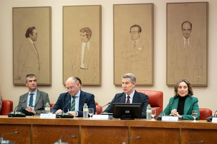 El portavoz del PP en el Congreso, Miguel Tellado; el presidente del PP, Alberto Núñez Feijóo y la secretaria general del PP, Cuca Gamarra, durante la reunión del Grupo Popular en el Congreso.