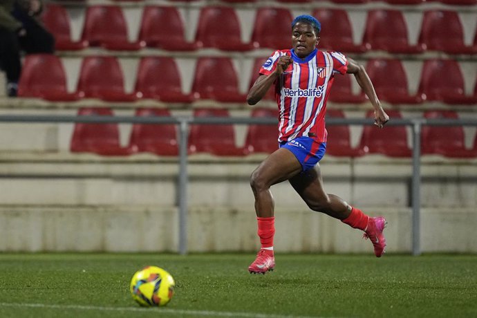 Rasheedat Ajibade of Atletico de Madrid in action during the Spanish Women League, Liga F, football match played between Atletico de Madrid and Sevilla FC at Centro Deportivo Alcala de Henares on February 07, 2025, in Alcala de Henares, Madrid, Spain.