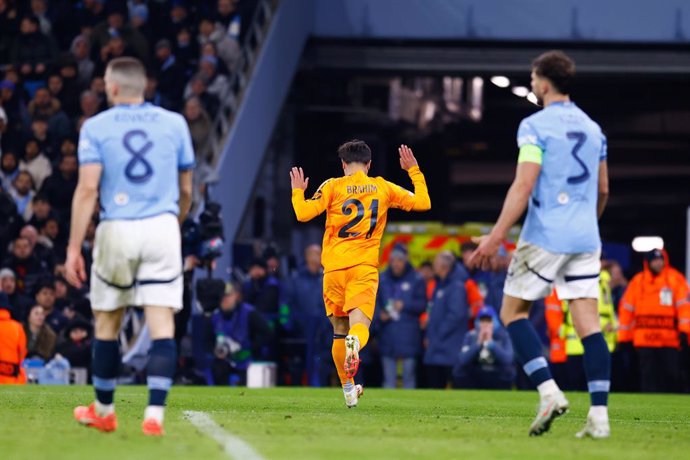 Brahim Diaz of Real Madrid celebrates a goal during the UEFA Champions League 2024/25  League Knockout Play-off First Leg match between Manchester City and Real Madrid at Manchester City Stadium on February 11, 2025, in Manchester, England.