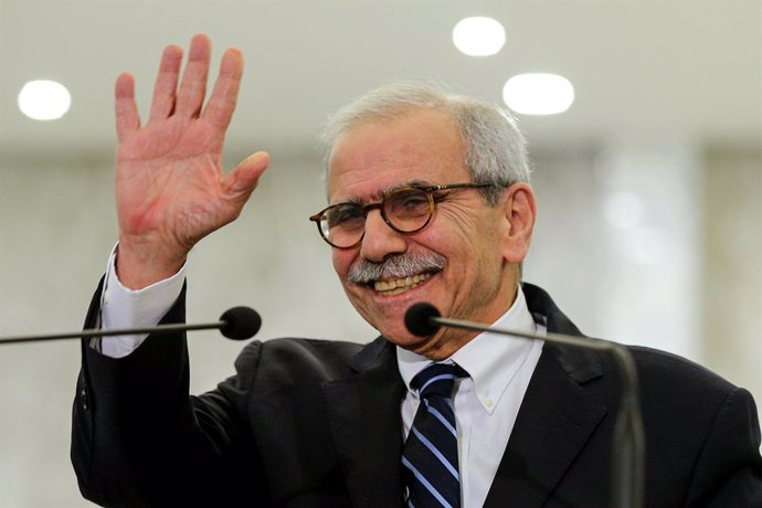 January 14, 2025, Baabda, Baabda, Lebanon: Lebanon's Prime Minister designate Nawaf Salam gestures as he addresses journalists following his meeting with Lebanese President Michel Aoun. Salam said his hands are extended to everyone, in a gesture to the Ir