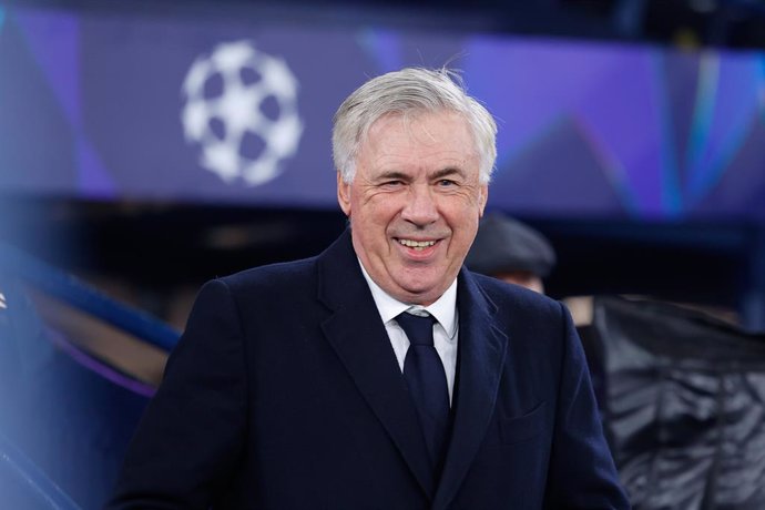 Carlo Ancelotti, head coach of Real Madrid, looks on during the UEFA Champions League 2024/25  League Knockout Play-off First Leg match between Manchester City and Real Madrid at Manchester City Stadium on February 11, 2025, in Manchester, England.