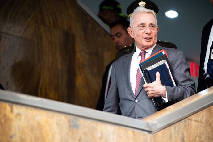 February 10, 2025, Bogota, Cundinamarca, Colombia: Former colomnbian president Alvaro Uribe Velez is seen during the trial for witness manipulation to former president of Colombia Alvaro Uribe Velez, in Bogota, Colombia,February 10, 2025.