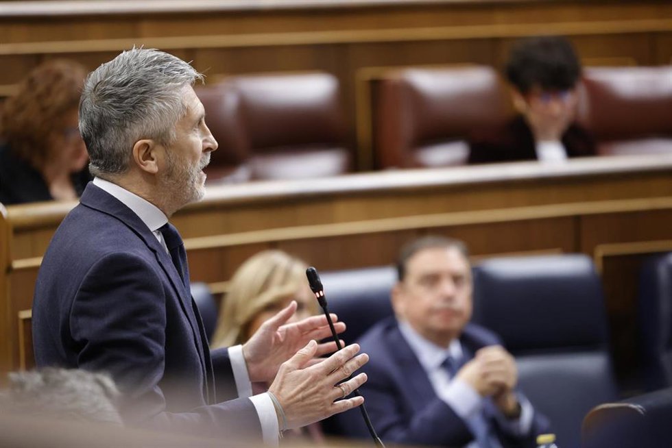 Archivo - El ministro de Interior, Fernando Grande-Marlaska, interviene durante una sesión de control al Gobierno, en el Congreso de los Diputados