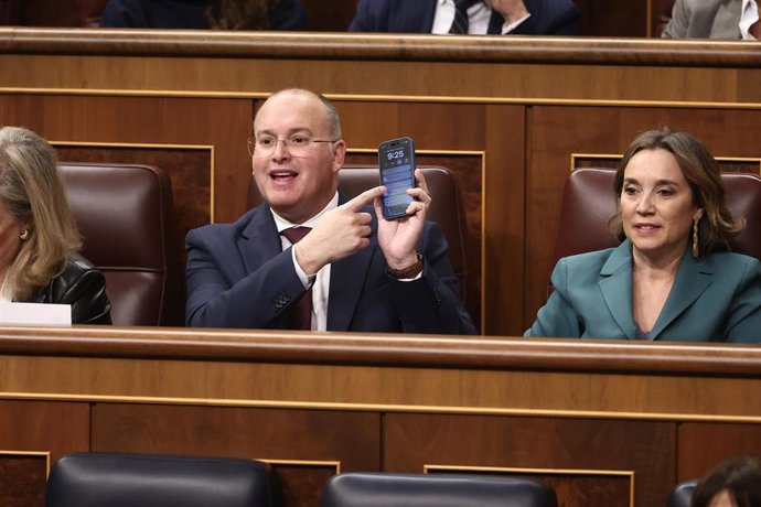 El portavoz del PP en el Congreso, Miguel Tellado, durante una sesión de control, en el Congreso de los Diputados, a 12 de febrero de 2025, en Madrid (España). Durante la sesión de control, la primera de 2025, el Ejecutivo se enfrenta a las preguntas e in
