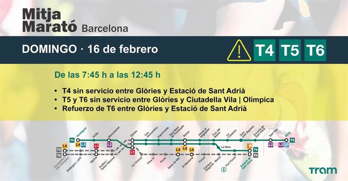 Afectaciones en las líneas T4, T5 y T6 de TRAM el domingo 16 por la Media Maratón de Barcelona