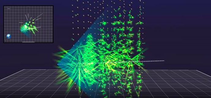 Recreación de la captación por los detectores de KM3NeT de la luz Cherenkov emitida por la interacción del neutrino.