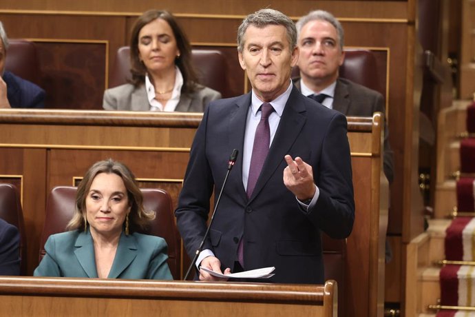 O presidente do PP, Alberto Núñez Feijóo, fala durante uma sesso de controle, Congresso dos Deputados, 12 de fevereiro de 2025, em Madri (Espanha).