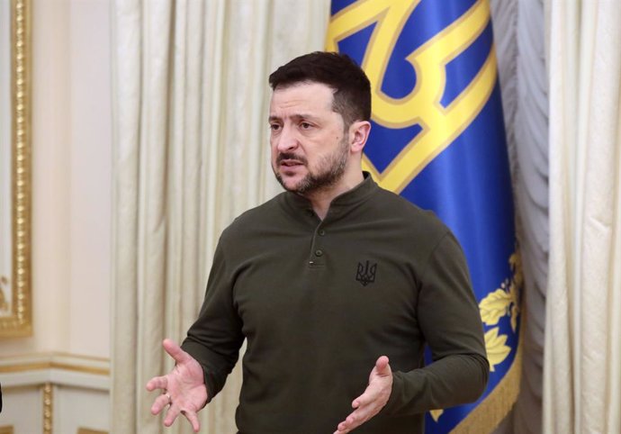 February 10, 2025, Kyiv, Ukraine: KYIV, UKRAINE - FEBRUARY 10, 2025 - President of Ukraine Volodymyr Zelenskyy attends a joint briefing with President of the European Investment Bank Nadia Calvino, Kyiv, capital of Ukraine.