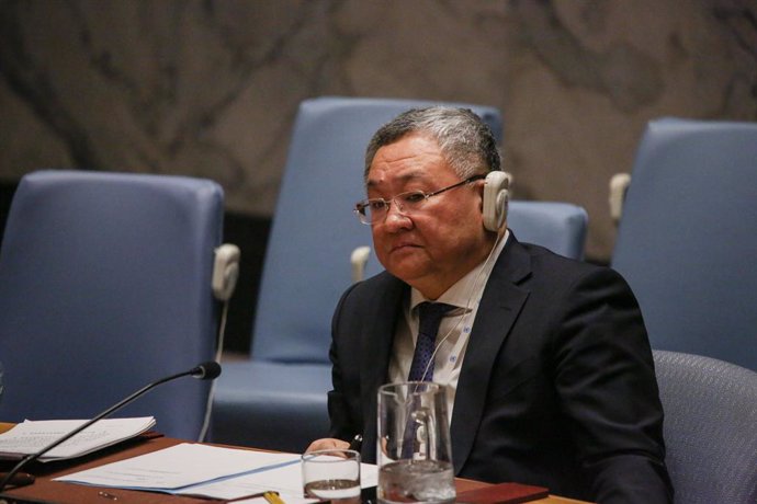 February 10, 2025, New York, New York, USA: Permanent Ambassador of China to UN and President of Security Council for the month of February FU CONG, listens to speakers in a Security Council meeting on threats to international peace and security caused by