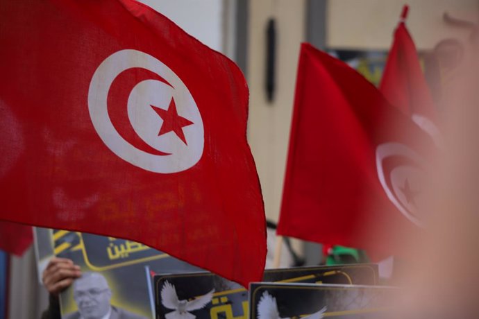 January 14, 2025: Tunis, Tunisia. 14 January 2025. Protesters gather along Tunis' Habib Bourguiba Avenue to mark the 14th anniversary of the uprising which started the Arab Spring revolts across the region. Participants raised the Tunisian and the Palesti