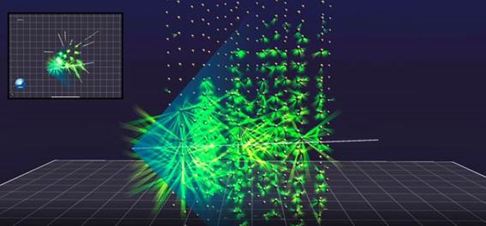 Recriação da captura pelos detectores KM3NeT da luz Cherenkov emitida pela interação de neutrinos.