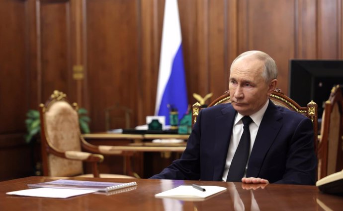 February 10, 2025, Moscow, Moscow Oblast, Russia: Russian President Vladimir Putin, listens to a report by Donetsk People's Republic Head Denis Pushilin, during a one-on-one meeting at the Kremlin, February 10, 2025 in Moscow, Russia.