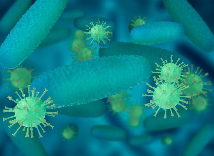 Imagem da recriação de vírus e células bacterianas flutuando no corpo humano.
