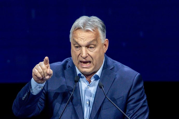 El primer ministro de Hungría, Viktor Orban, interviene durante la cumbre ‘Patriots’ en Madrid