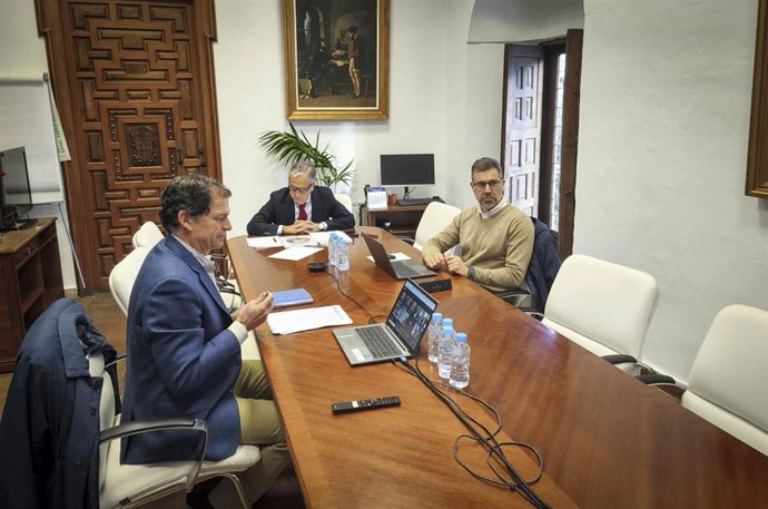 El presidente de la Diputación, Salvador Fuentes (al fondo), en la reunión telemática con los ayuntamientos.